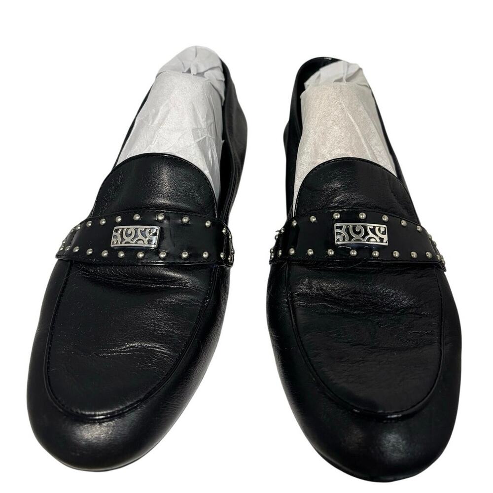 Brighton CASS Black Leather Loafers Womens 8.5 M Silver Studded Filigree Brazil